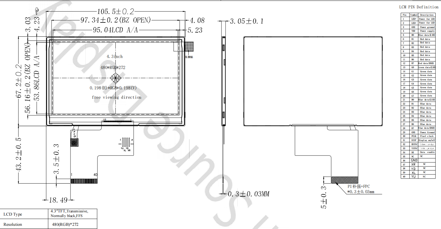 4.3 inch tft display module