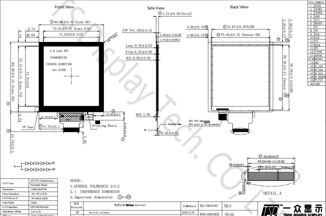 4.0 inch square lcd display