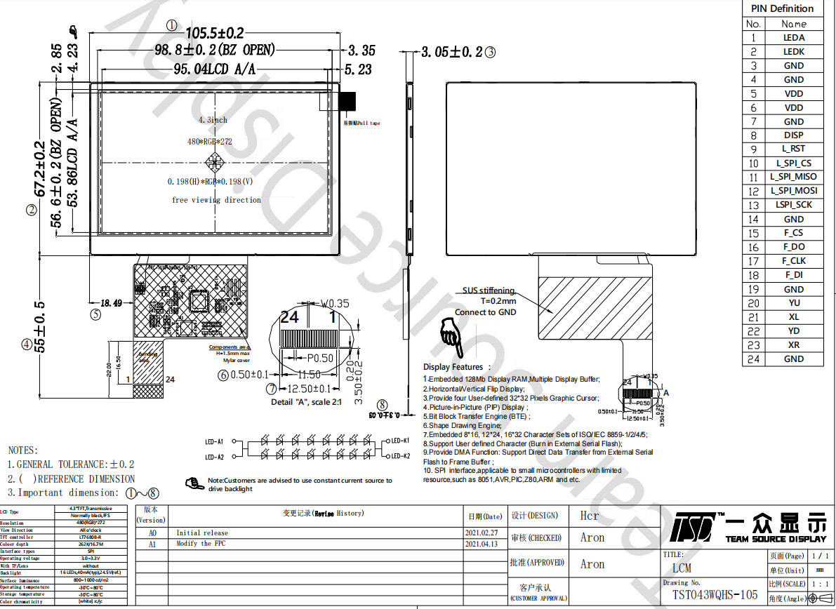 4.3 inch tft display module